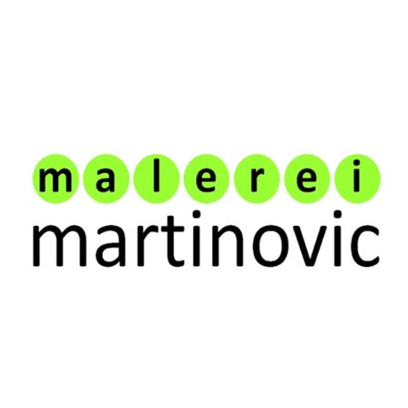 Das Wort malerei martinovic in fetten, schwarzen Buchstaben, wobei jeder Buchstabe in einem anderen grünen Kreis steht, auf einem weißen Hintergrund.