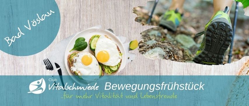 Ein Teller mit Eiern und Avocado auf Toast, begleitet von einer Gabel und einem Messer. Eine Person läuft auf einem Pfad. Club Vitalschmiede's Bewegungsfrühstück für mehr Vitalität und Lebensfreude.