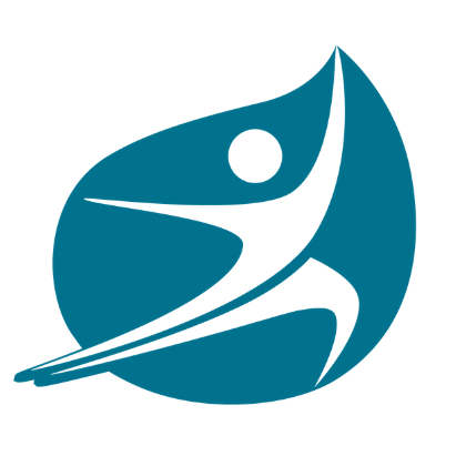 Ein blaues kreisförmiges Logo mit einer Silhouette einer Person in einem blattähnlichen Umriss. Die Person hat eine dynamische Pose.