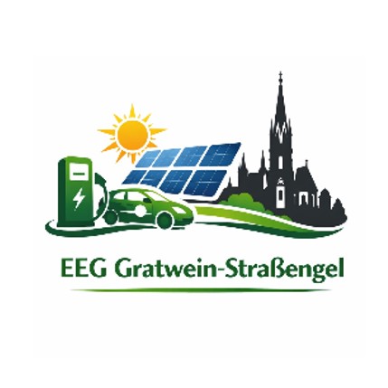 Das Logo der EEC Gratwein-StraBengen zeigt ein grünes Auto, das an einer Station mit Solarmodulen darüber, einer Sonne und einer Silhouette einer Kirche im Hintergrund aufgeladen wird.