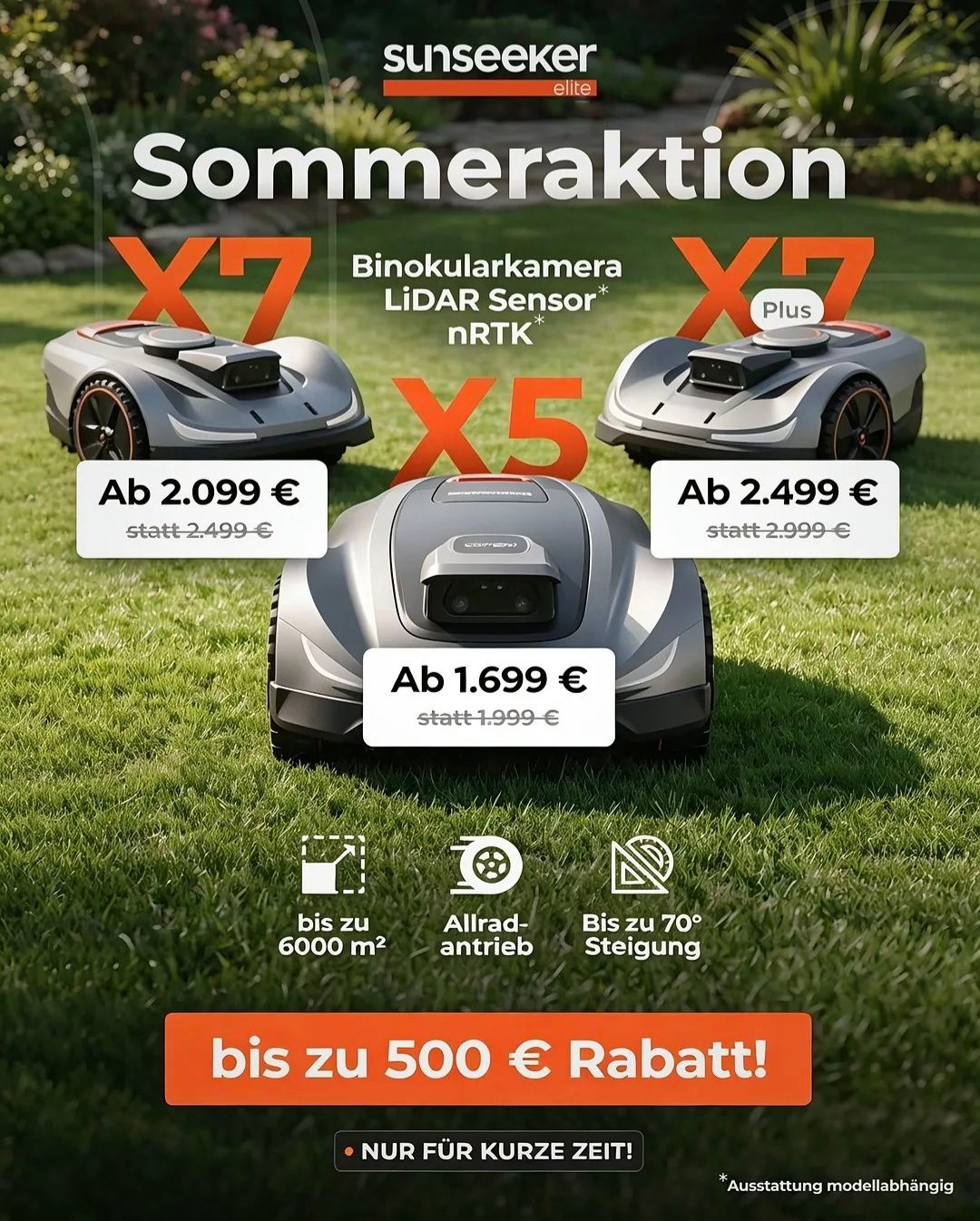 Werbung für Roboter-Rasenmäher mit verschiedenen Funktionen und Preisen. Die X7-Modelle sind mit Ferngläsern, LIDAR-Sensoren und nRTK ausgestattet. Das X5-Modell ist mit einer Kamera ausgestattet. Die Preise sind mit Rabatten aufgeführt.