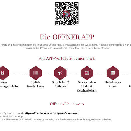 Eine Werbung für die Offner-App zeigt einen QR-Code, Vorteile und einen Download-Link. Die App bietet Trends, Inspiration und Bonussammlung.