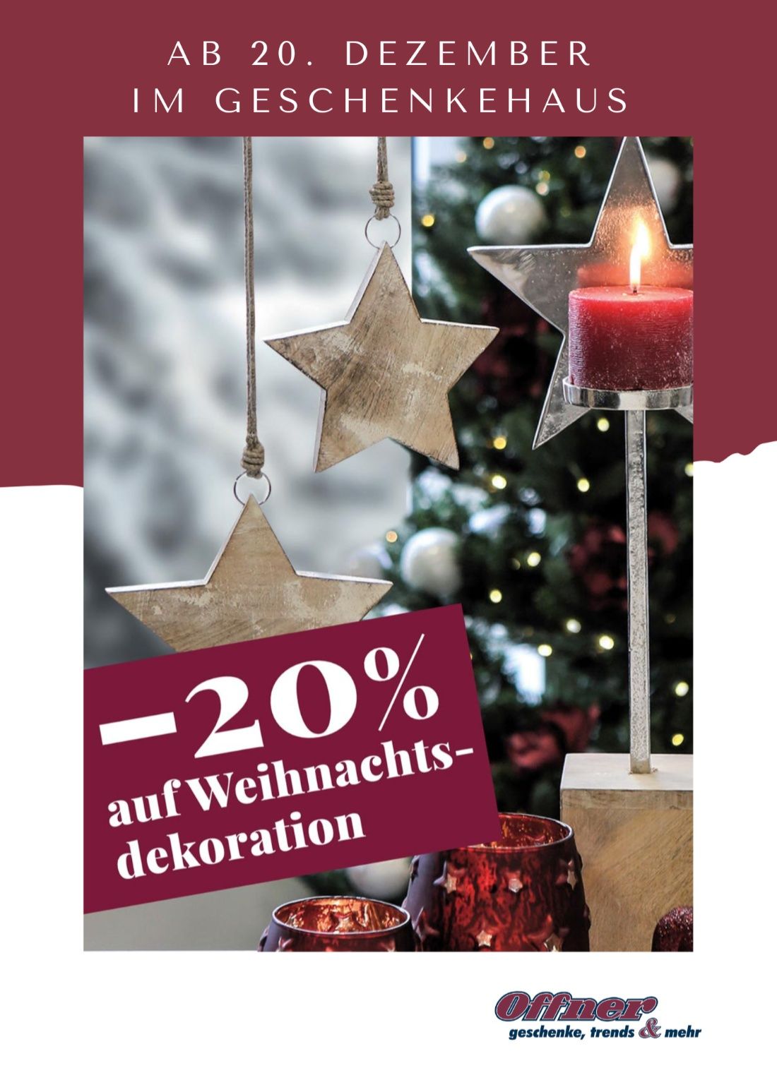 Ein Weihnachtswerbebild mit 20% Rabatt auf Weihnachtsdekoration, mit Sterndekorationen und einer brennenden Kerze im Vordergrund.