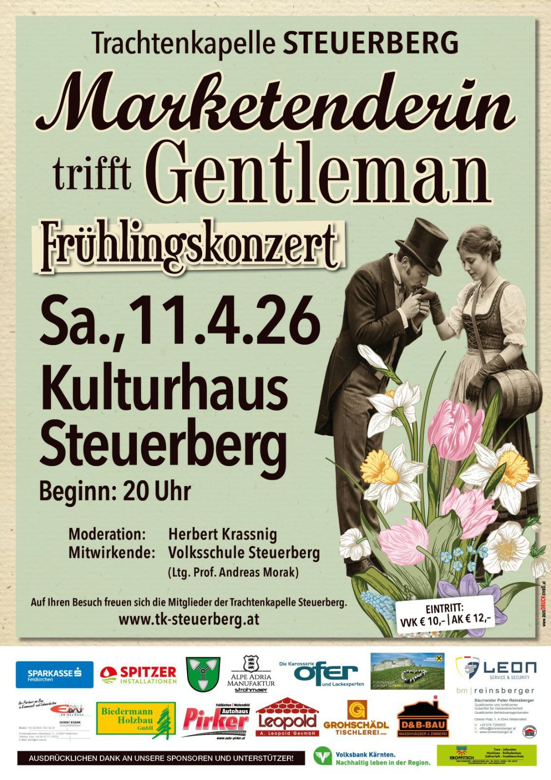 Ein Plakat für ein Frühlingskonzert in Steuerberg. Es zeigt ein Paar in historischer Kleidung, ein Datum und einen Preis. Die Veranstaltung findet am 11. April um 20 Uhr im Kulturhaus Steuerberg statt.