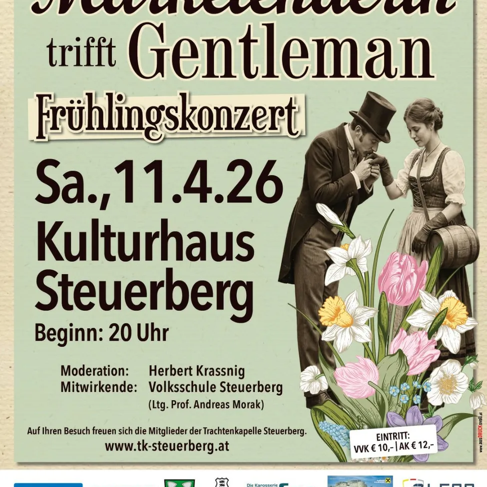 Ein Plakat für ein Frühlingskonzert in Steuerberg. Es zeigt ein Paar in historischer Kleidung, ein Datum und einen Preis. Die Veranstaltung findet am 11. April um 20 Uhr im Kulturhaus Steuerberg statt.