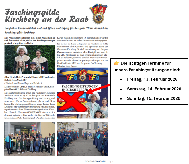 Ein Artikel über Faschingsgilde Kirchberg, der die bevorstehenden Veranstaltungen beschreibt. Es werden Termine genannt: Freitag, 13. Februar 2026, Samstag, 14. Februar 2026 und Sonntag, 15. Februar 2026.