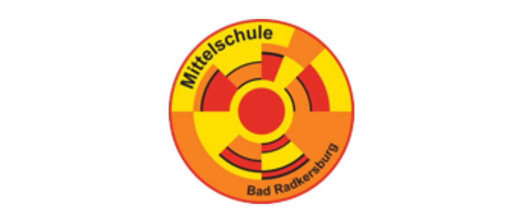 Ein rundes Logo mit 'Mittelschule' oben, 'Bad Radkersburg' unten und einem Design in Rot, Gelb und Orange.