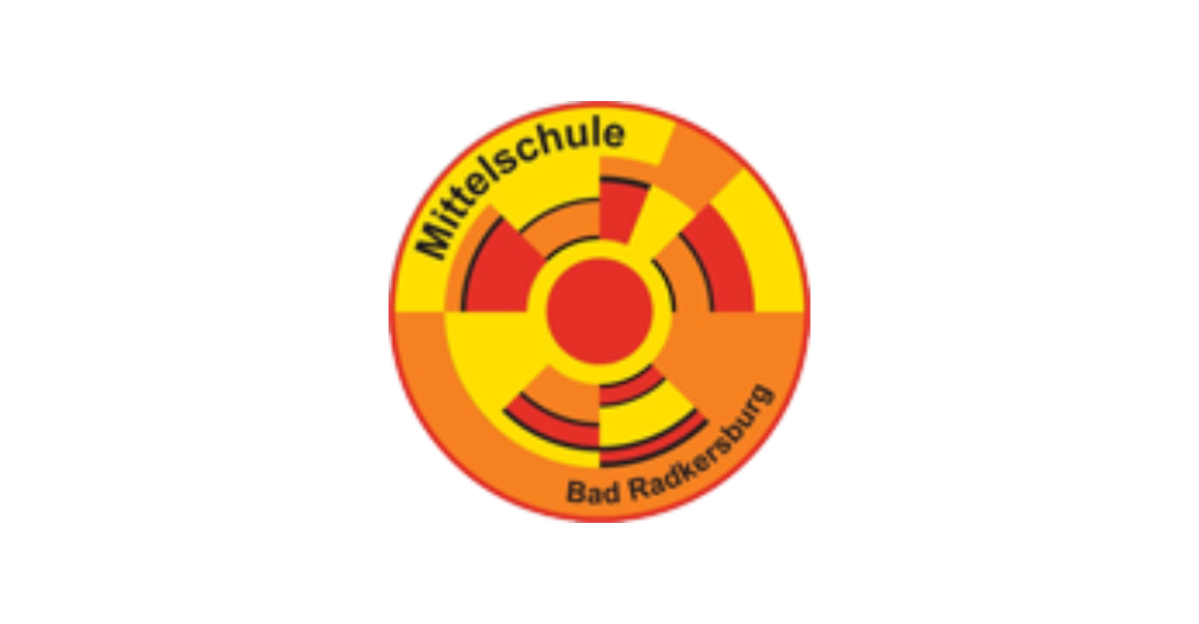 Ein kreisförmiges Logo mit den Worten 'Mittelschule Bad Radkersburg' darin. Das Logo hat einen gelben und orangefarbenen Hintergrund mit einem roten Kreis in der Mitte. Die Worte sind in weiß geschrieben.