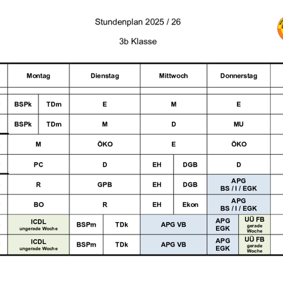 Eine Tabelle mit Zeitslots und Aktivitäten. Jeder Slot hat eine andere Aktivität, gekennzeichnet durch Codes wie BSPk, TDm und andere. Die Aktivitäten beinhalten Namen wie M, E und D.