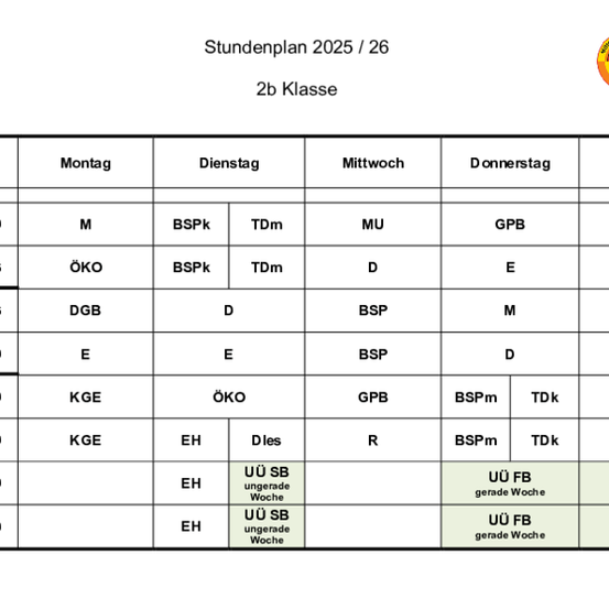 Eine Tabelle mit verschiedenen Zeitfenstern, Teams und weiteren Details, mit einem Logo in der oberen rechten Ecke.