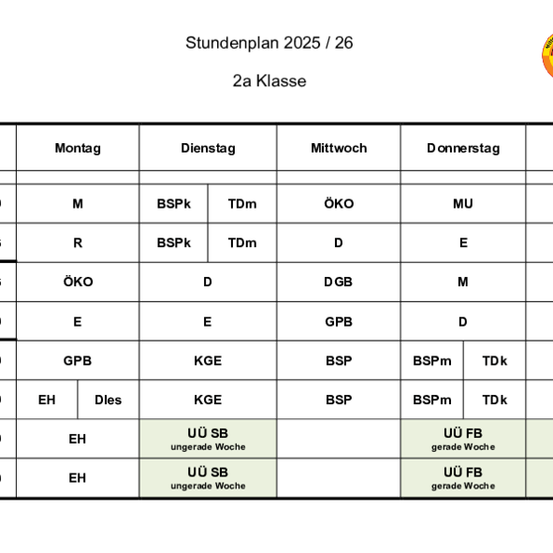 Eine Tabelle mit Zeitintervallen und zugehörigen Aktivitäten. Die Tabelle enthält Überschriften für Zeit, Ort und Teilnehmer.