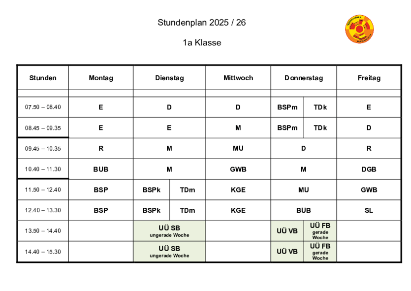 Eine Tabelle mit einem Zeitplan von 07:50 bis 14:40, der Zeitintervalle, Orte und andere Details zeigt. Die Tabelle hat zwei Spalten und neun Zeilen.