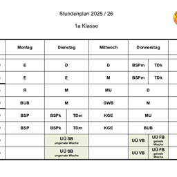 Eine Tabelle mit einem Zeitplan von 07:50 bis 14:40, der Zeitintervalle, Orte und andere Details zeigt. Die Tabelle hat zwei Spalten und neun Zeilen.