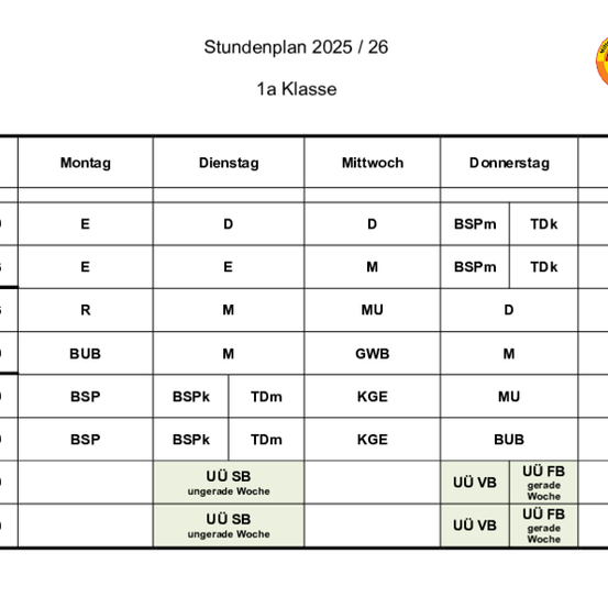 Eine Tabelle mit einem Zeitplan von 07:50 bis 14:40, der Zeitintervalle, Orte und andere Details zeigt. Die Tabelle hat zwei Spalten und neun Zeilen.