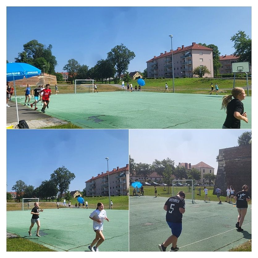 Vier Bilder von Menschen, die auf einem Sportplatz spielen. Ein Bild zeigt ein Mädchen, das läuft. Ein weiteres Bild zeigt einen Jungen im Trikot mit der Nummer 5.