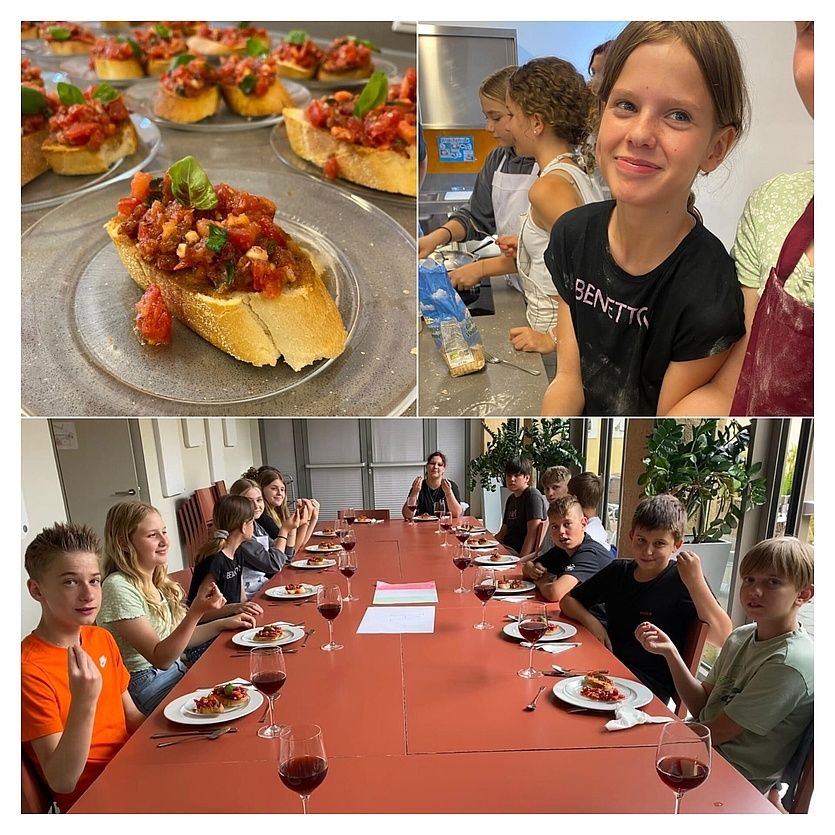 Eine Collage von Bildern zeigt Kinder bei der Zubereitung und beim Genuss von Mahlzeiten. Ein Bild zeigt ein Gericht mit Tomaten und Basilikum. Ein weiteres Bild zeigt ein Mädchen, das lächelt, möglicherweise nach dem Kochen. Das letzte Bild zeigt Kinder, die an einem Tisch sitzen, essen und Wein trinken.