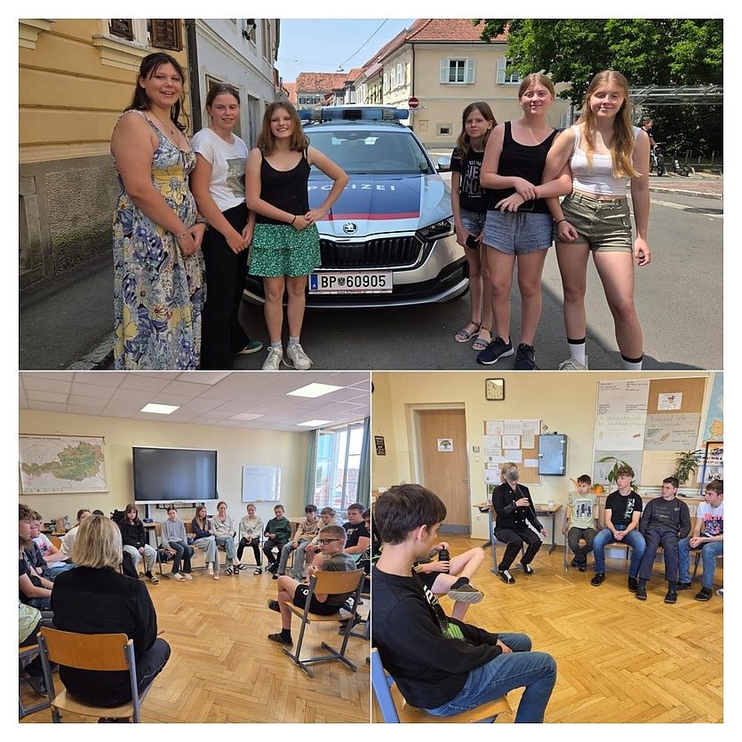 Eine Collage von Fotos, die Menschen in verschiedenen Umgebungen zeigt, einschließlich einer Gruppe von Frauen vor einem Polizeiwagen und einer Klassenraumdiskussion.