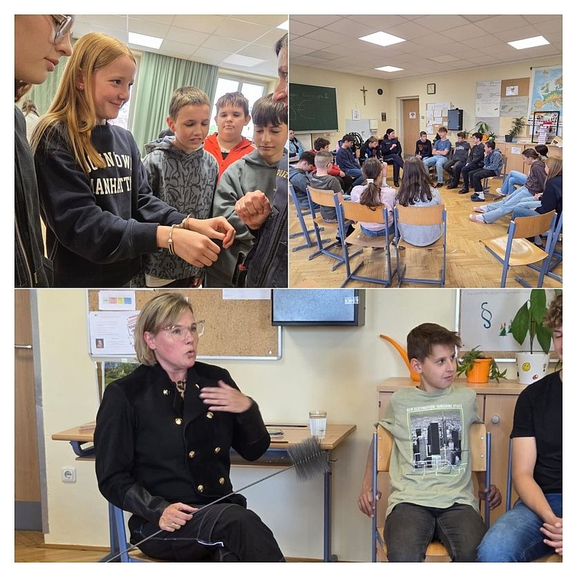 Eine Collage aus drei Bildern von Kindern und Erwachsenen in einem Klassenzimmer. Ein Mädchen zeigt einem Jungen etwas. Ein anderes Bild zeigt eine Frau, die einen Jungen unterrichtet. Das letzte Bild zeigt einen Jungen, der die Frau ansieht.