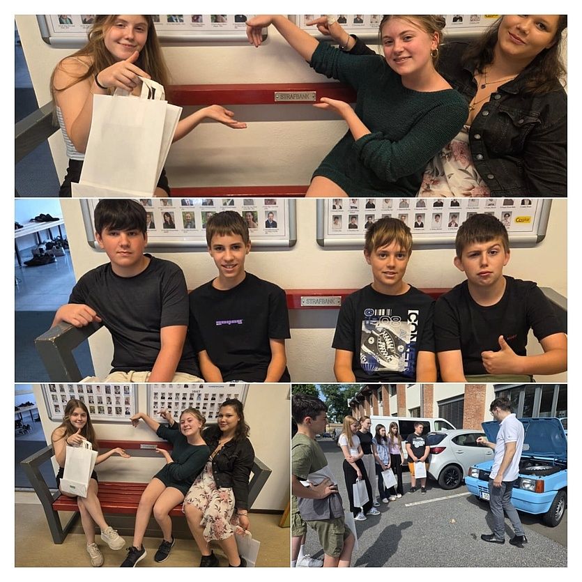 Eine Collage aus vier Fotos, die verschiedene Gruppen junger Menschen in unterschiedlichen Umgebungen zeigt. Sie posieren auf Bänken, stehen neben einem Auto und halten Taschen.