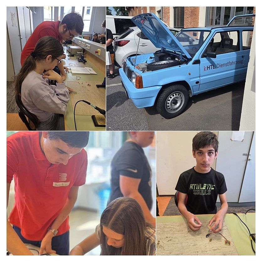 Vier Collagen von Schülern, die in einem Klassenzimmer mit Elektronik arbeiten, ein blaues Servicefahrzeug und ein Schüler, der etwas repariert.