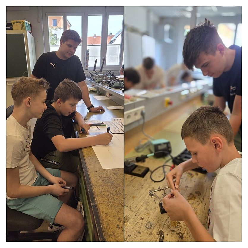 Zwei Bilder von Jungen, die in einer Werkstatt arbeiten. Das erste Bild zeigt drei Jungen, von denen einer auf Papier schreibt, ein anderer einen Monitor betrachtet und ein dritter beobachtet. Das zweite Bild zeigt einen Jungen, der ein Bauteil lötet.