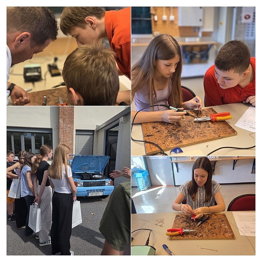 Eine Collage aus vier Bildern: zwei Jungen beim Löten, ein Mädchen beim Löten, eine Gruppe von Mädchen, die einen Wagen betrachten, und ein Mädchen, das auf einer Holzplatte lötet.