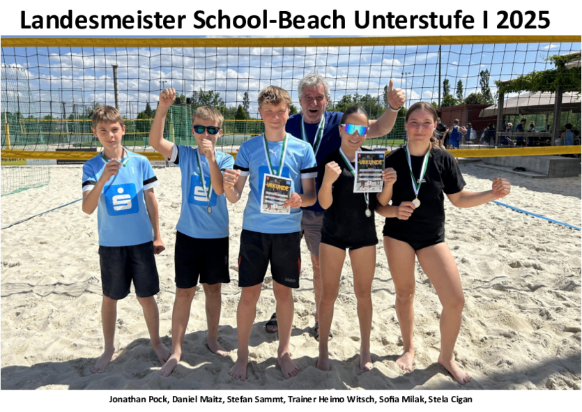 Fünf junge Athleten stehen auf einem sandigen Strand, alle halten Medaillen und Urkunden. Sie tragen Sportkleidung und scheinen einen Sieg zu feiern. Dahinter ist ein Netz und einige Zuschauer zu sehen.