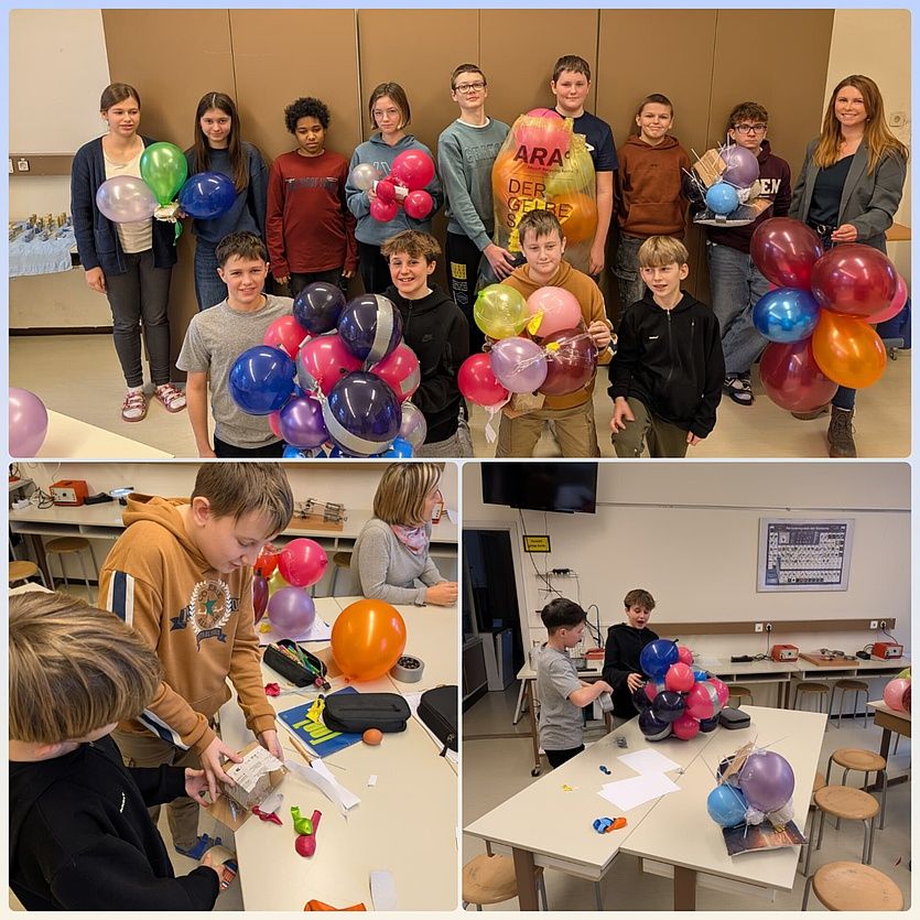 Eine Collage zeigt Schüler mit bunten Luftballons und einer Frau. Einige Luftballons haben Schrift darauf. Ein weiteres Bild zeigt Schüler, die in einem Klassenzimmer mit Luftballons arbeiten.