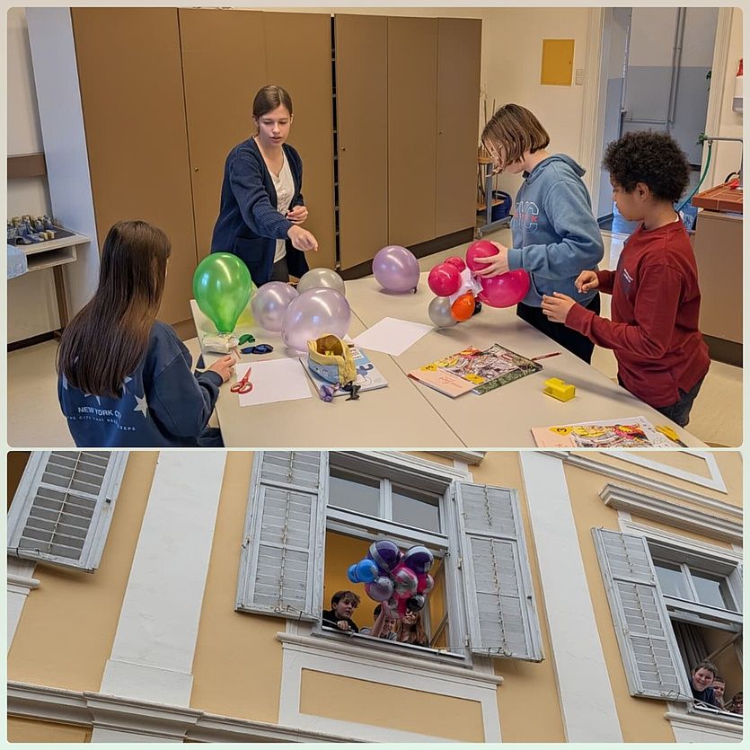 Schüler arbeiten drinnen an Luftballonkunst. Ein Schüler schaut aus einem Fenster. Ein anderer Schüler hält eine fertige Ballonskulptur hoch.