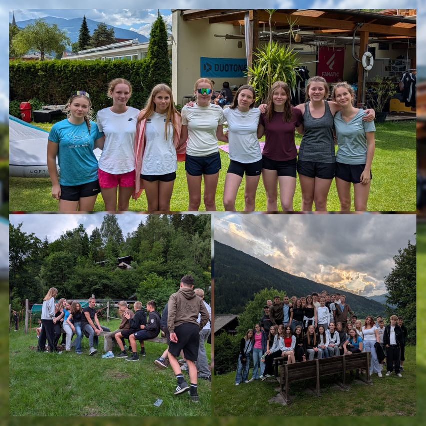 A collage of a group of people in a grassy field, with mountains in the background. Some are standing, some are sitting. Another image shows a group of young women posing together.