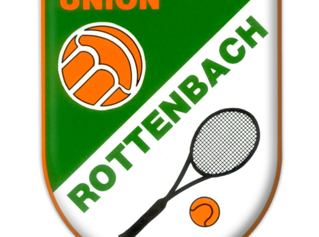 Ein Sportlogo für Union Rottenbach, das einen Basketball und einen Tennisschläger zeigt, der mit einem Tennisball im Vordergrund gekreuzt ist.