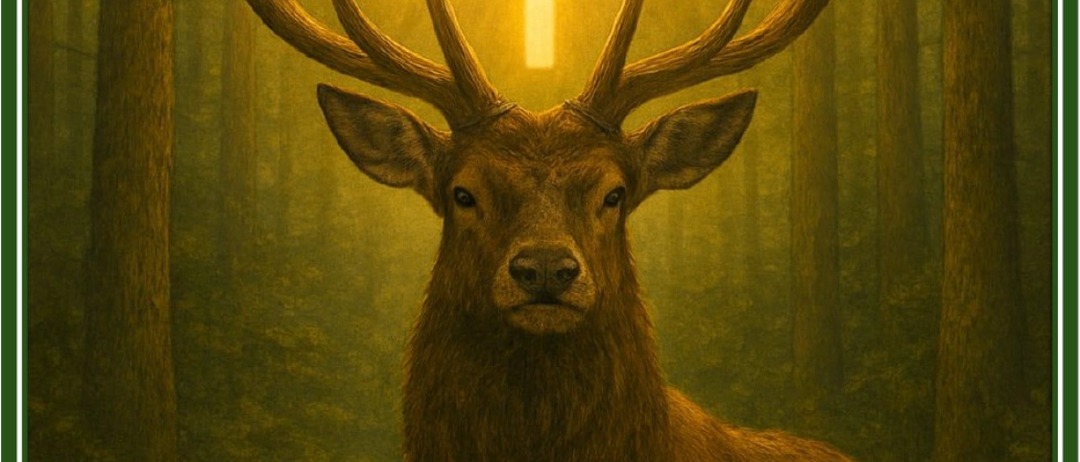 Ein Hirsch mit großen Geweihen steht in einem Wald mit einem leuchtenden Kreuz dahinter. Der Hirsch wird vom Licht des Kreuzes beleuchtet. Die Worte 'Hl. Messe' stehen in der unteren linken Ecke.
