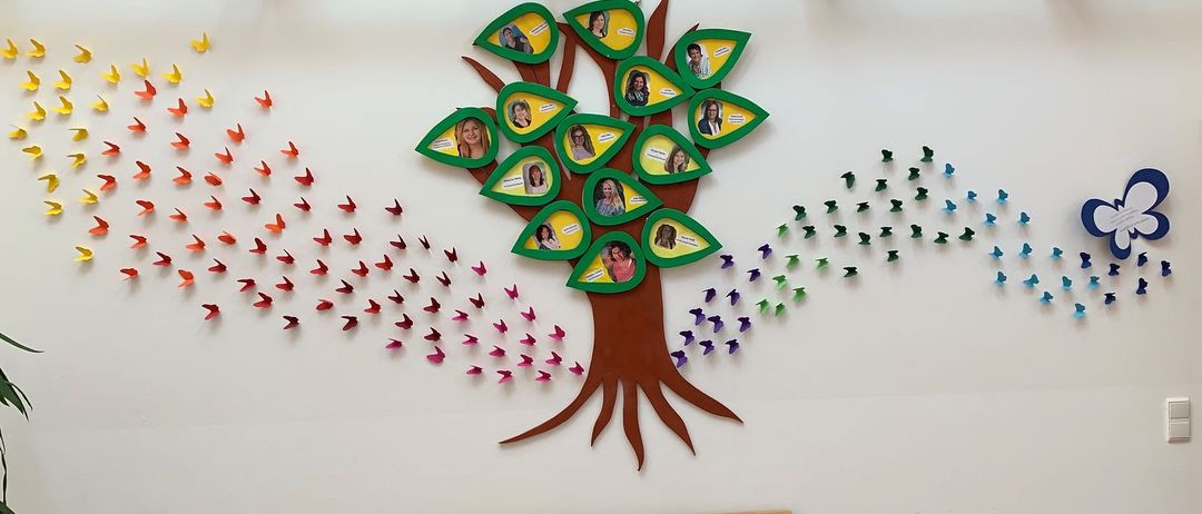 Eine Wand, verziert mit einem Baum aus bunten Blättern, jedes mit einem Foto. Darunter ein Sitzbank mit der Aufschrift 'Herzlichen Dank für die wunderbaren Kindergartenzeit'. Der Baum ist von vielen bunten Schmetterlingen umgeben.