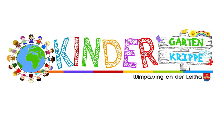 Ein farbenfrohes Logo für Kinder Garten Krippe mit Kindern um den Globus und Schildern darüber.
