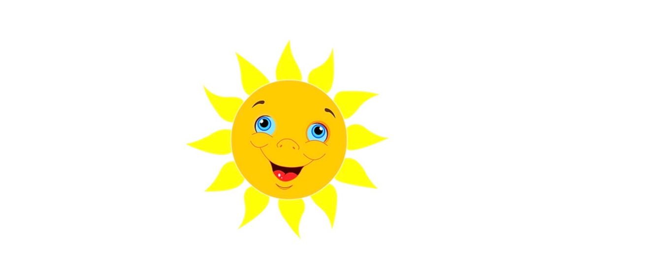 Eine fröhliche Cartoon-Sonne mit blauen Augen und einem großen Lächeln vor weißem Hintergrund.