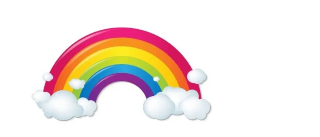 Ein leuchtender Regenbogen mit einem Spektrum von Farben von Rot bis Violett. Unter dem Regenbogen sind drei weiße Wolken verstreut.