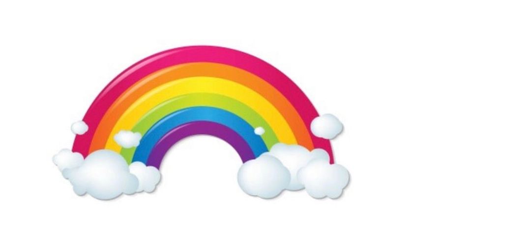Ein leuchtender Regenbogen mit einem Spektrum von Farben von Rot bis Violett. Unter dem Regenbogen sind drei weiße Wolken verstreut.
