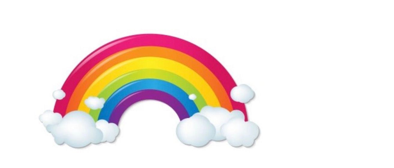 Ein leuchtender Regenbogen mit einem Spektrum von Farben von Rot bis Violett. Unter dem Regenbogen sind drei weiße Wolken verstreut.