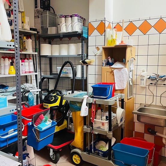 Ein Reinigungsmittelraum mit Regalen, einem Trolley mit Eimern und einem Waschbecken. Reinigungsmittel, Eimer und Reinigungswerkzeuge sind auf den Regalen angeordnet.