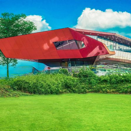 Bild enthält, Building, Outdoors, Shelter, Grass, Lawn, Office Building, Convention Center, Nature