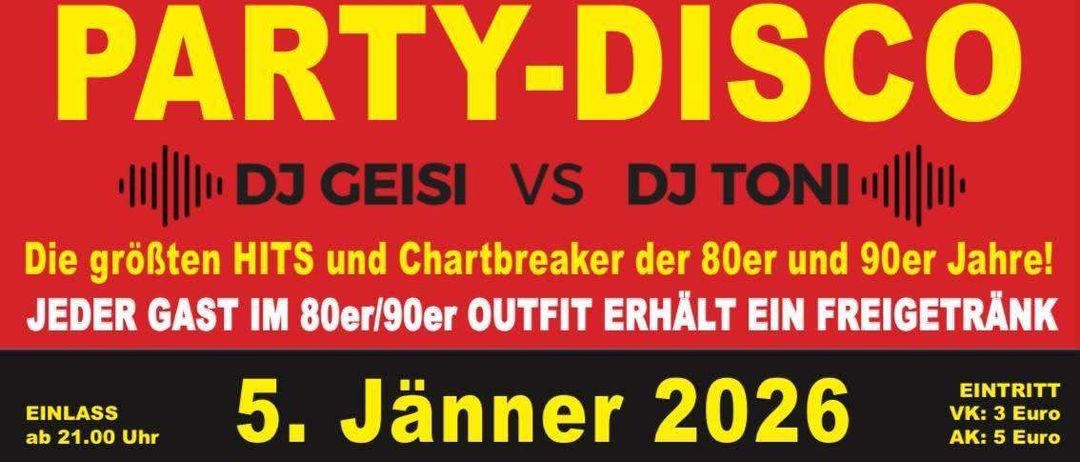 Eine Frau mit leuchtend gelben Sonnenbrillen vor einem schwarz-weiß karierten Hintergrund, 'Party-Disco' auf einem roten Banner, DJ Geisi vs DJ Toni mit Musikwellenbildern.