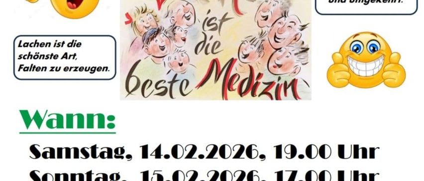 Plakat für die Prodersdorfer Fasching-Veranstaltung. Es enthält Termine und Uhrzeiten für die Veranstaltung sowie einen Veranstaltungsort. Es betont die Wichtigkeit des Lachens.