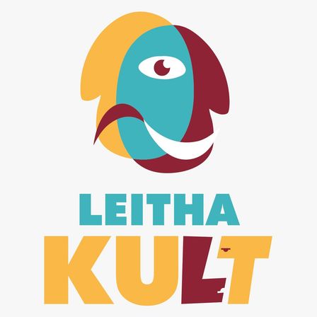 Das Bild zeigt ein farbenfrohes Logo mit dem Wort 'LeitHa' in Blau über einem stilisierten Gesicht und dem Wort 'KULT' in Gelb darunter. Das Gesicht hat einen blauen Kopf, ein gelbes Ohr und einen roten Schnurrbart. Das Wort 'KULT' hat ein besonderes Ausschnittdesign.