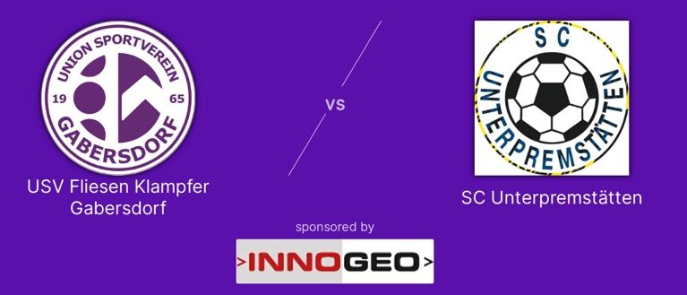 Ein lila Poster kündigt ein Fußballspiel zwischen USV Fliesen Klampfer Gabersdorf und SC Unternehmerstatten an. Das Spiel ist für den 6. September 2025 um 18:00 Uhr in der Holzbau Lapp Arena Gabersdorf angesetzt.
