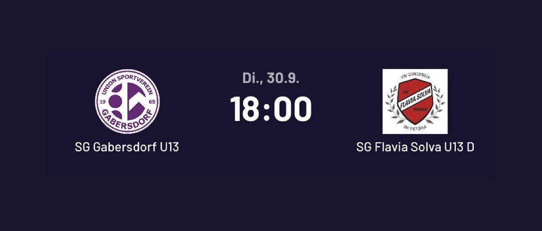Ein Poster mit lila Hintergrund zeigt den Zeitplan eines Fußballspiels. Das Datum ist Dienstag, der 30. September, um 18:00. Die Teams sind Obersdorf U13 und SG Flavia Solva.