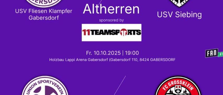 Plakat für ein Fußeballspiel zwischen USV Fließen Kämpfer Gabersdorf und FC Grossklein, gesponsert von Admiral, am 10.10.2025 um 19:00 in der Holzbau Lappi Arena.