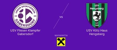 Ein Fußballspiel zwischen USV Fliegen Klempfer Gabersdorf und USV Kotz Haus Hengsberg ist für den 14. März 2026 um 15:00 Uhr in der Holzbau Lappi Arena Gabersdorf geplant. Die Logos der Teams sind auf einem lila Hintergrund abgebildet.