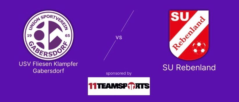 Ein Fußeballspiel zwischen USV Flesen Klampfer Gäbersdorf und SU Rebenland, geplant für den 27. März 2026 um 19:00 Uhr in der Holzbau Lapp Arena Gäbersdorf, gesponsert von 11TEAMSPORTS.