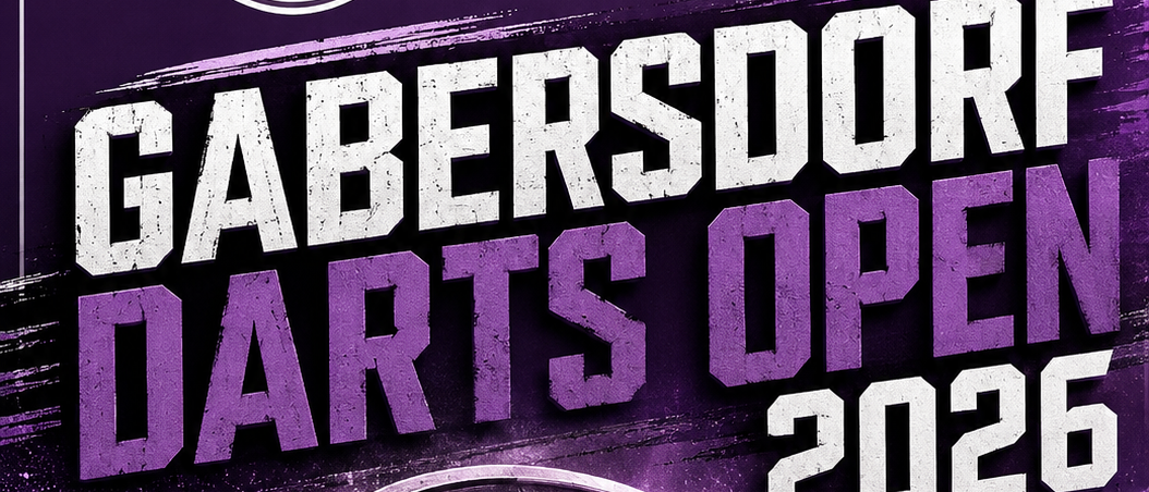 Plakat für das Gabersdorf Darts Open 2026 mit einem Dartboard, Darts und einem lila Hintergrund.