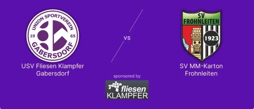 Ein lila Hintergrund mit zwei Fußballteam-Logos. Das Logo auf der linken Seite ist für USV Fliesen Klampfer Gabersdorf und das Logo auf der rechten Seite ist für SV MM-Karton Frohnleiten.